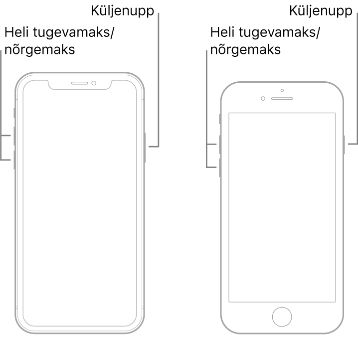 Kahe iPhone’i mudeli joonised, kus nende ekraanid on suunatud ülespoole. Vasakpoolsemal mudelil pole Kodunuppu ning parempoolsemal mudelil on seadme alaosas Kodunupp. Mõlema mudeli puhul asuvad helitugevuse suurendamise ja vähendamise nupud seadme vasakul küljel ning küljenupp paremal küljel.