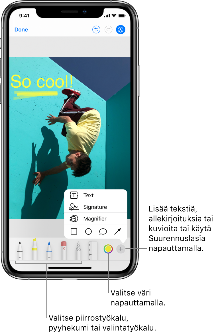 Kuva Merkintä-ikkunassa. Kuvan alla ovat vasemmalta oikealle seuraavat painikkeet Merkintä-työkaluille: piirroskynät, pyyhekumi, valintatyökalu, värit, lisäyspainikkeet tekstilaatikolle, allekirjoitukselle ja kuvioille sekä painike Suurennuslasin valitsemiselle.