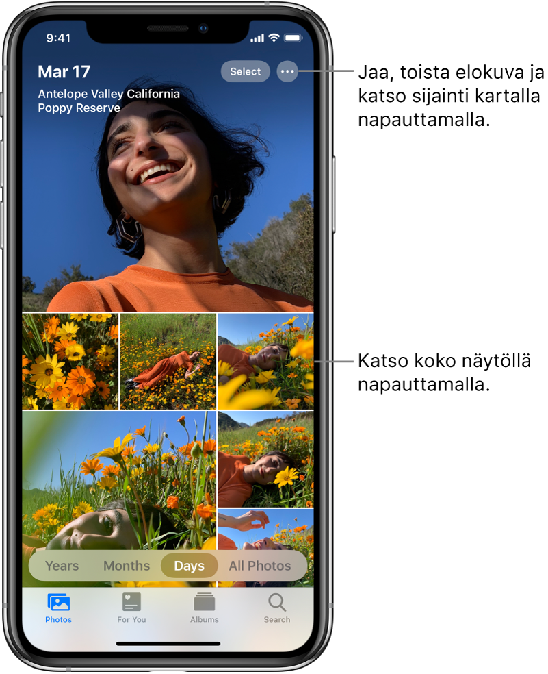 Kuvakirjasto näkyy Päivät-näkymässä. Valikoima kuvien miniatyyrejä täyttää näytön. Näytön vasemmassa yläkulmassa näkyvät kuvien päivämäärä ja kuvauspaikka. Oikeassa yläkulmassa ovat Valitse- ja Lisävalinnat-painikkeet kuvien jakamiseen ja lisätietojen katsomiseen. Miniatyyrien alapuolella ovat valinnat, joilla kuvakirjastoa voidaan katsoa Vuodet-, Kuukaudet-, Päivät- ja Kaikki kuvat -näkymissä. Alareunassa ovat Kuvat-, Sinulle-, Albumit- ja Haku-välilehdet.