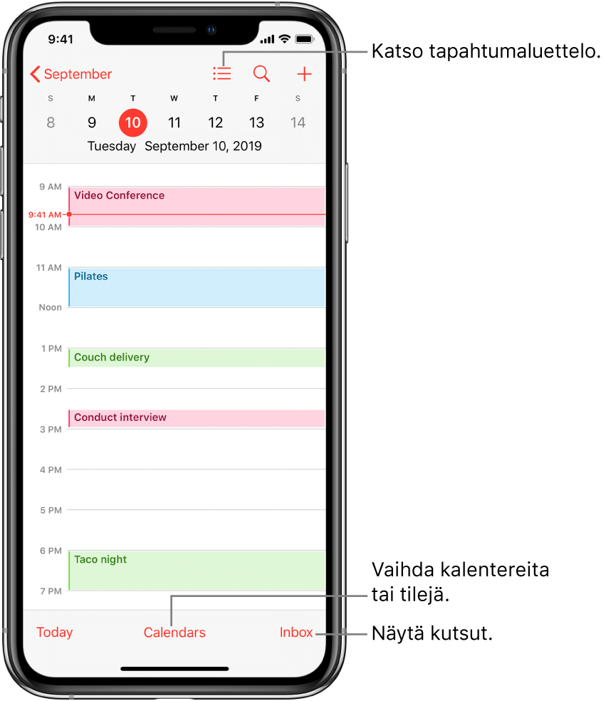 Kalenterinäkymä, jossa näkyvät päivän tapahtumat. Jos haluat muuttaa kalenteritilejä, napauta alareunassa olevaa Kalenterit-painiketta. Voit näyttää kutsut napauttamalla oikeassa alakulmassa olevaa Saapuneet-painiketta.