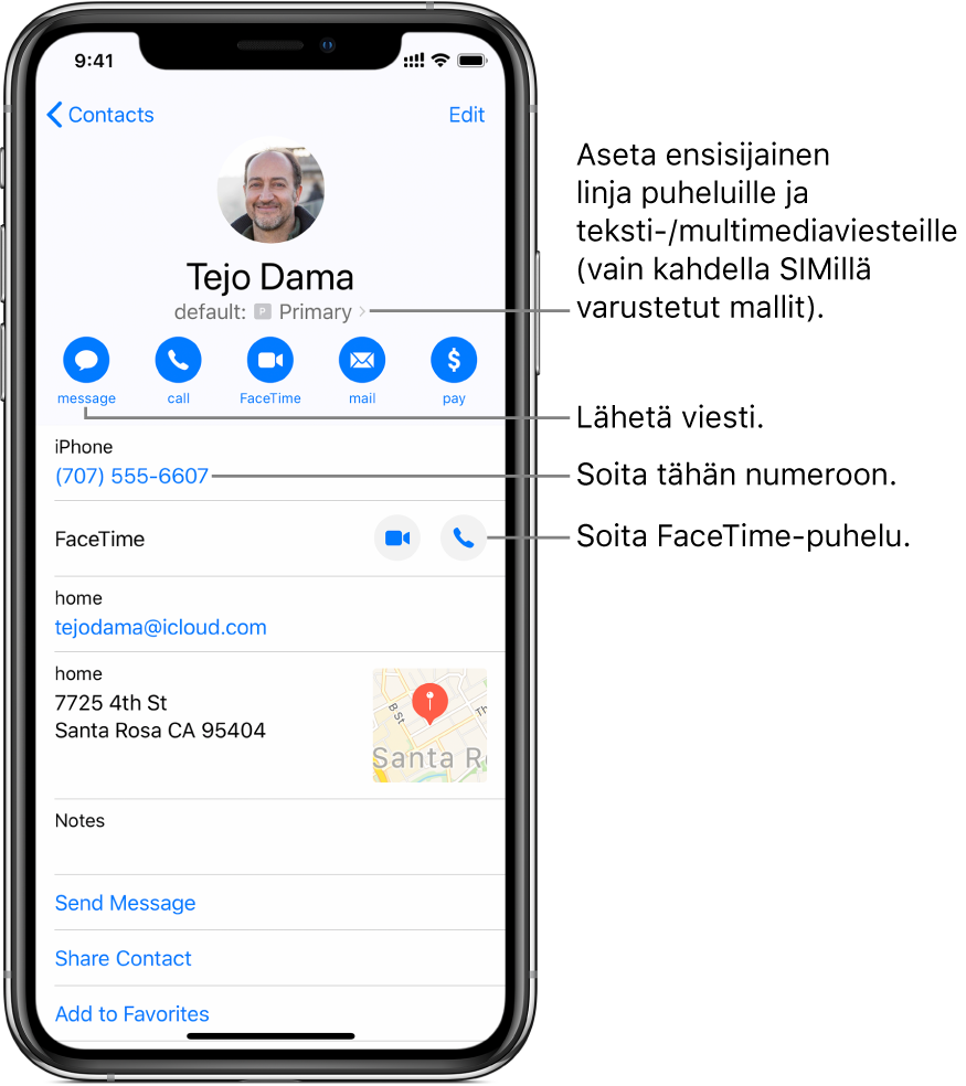 Yhteystiedon tietonäyttö. Yläreunassa on yhteystiedon kuva ja nimi. Alla ovat painikkeet viestin lähettämiselle, puhelun soittamiselle, FaceTime-puhelun soittamiselle, sähköpostiviestin lähettämiselle ja rahan lähettämiselle Apple Paylla. Painikkeiden alla on yhteystiedot.