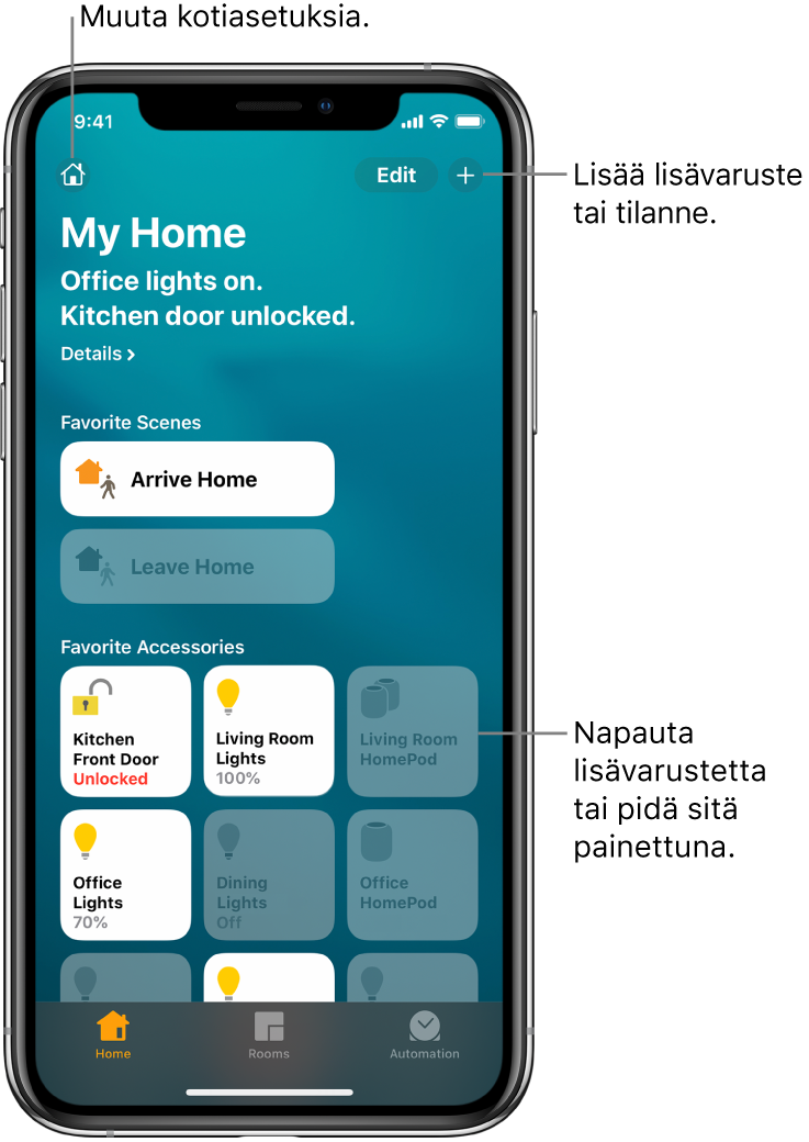 Koti-välilehti, jossa on suosikiksi merkittyjä tilanteita ja lisälaitteita. Myös yhteenveto kodin tilasta on näkyvillä. Muut alareunassa olevat välilehdet ovat Huoneet ja Automaatio.