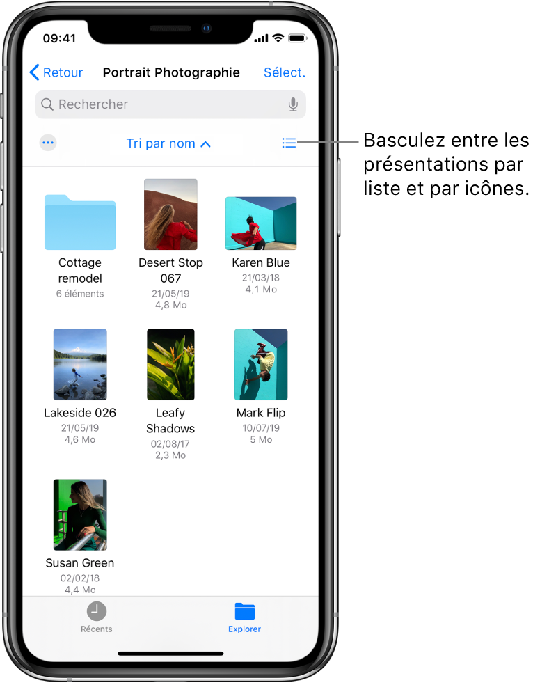 Un emplacement iCloud Drive pour les fichiers Photographie. Les éléments sont triés par nom et se composent d’un dossier nommé « Rénovation maison de campagne » et de six documents : Halte dans le désert, Karen en bleu, Bord du lac, Ombres de feuilles, Mark à l’envers et Susan en vert. Un bouton pour basculer entre les présentations par liste et par icônes s’affiche près du coin supérieur droit.