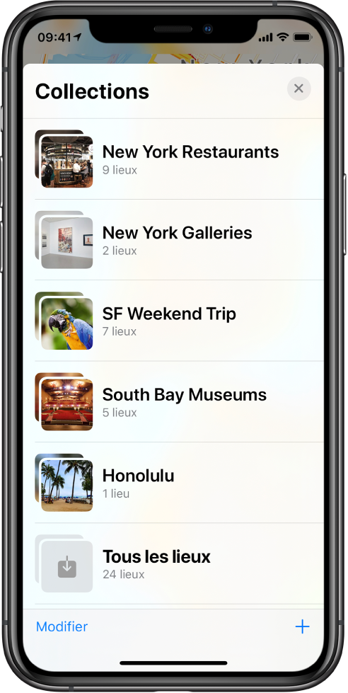Une liste de collections dans l’app Plans. Les collections, du haut vers le bas, sont « Restaurants à New York », « Galeries à New York », « Week-end à San Francisco », « Musées de la South Bay », Honolulu, « Tous les lieux ». En bas à gauche se trouve le bouton Modifier et en bas à droite se trouve le bouton Ajouter.