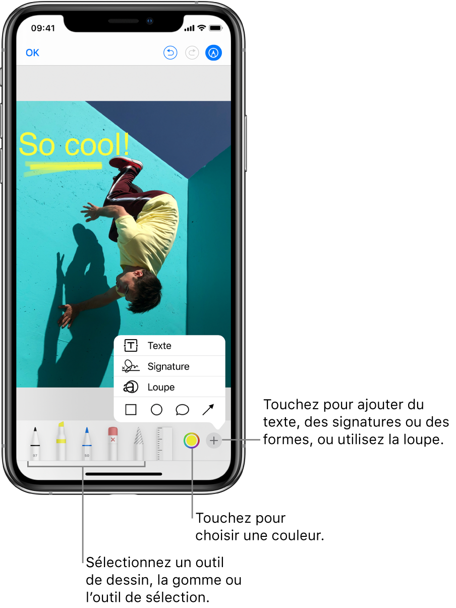 Une image dans une fenêtre d’annotation. Sous l’image, de gauche à droite, se trouvent les boutons permettant d’utiliser les outils d’annotation : des stylos pour dessiner, une gomme, un outil de sélection, des couleurs et des boutons permettant d’ajouter une zone de texte, votre signature et des formes, puis un autre pour sélectionner la loupe.