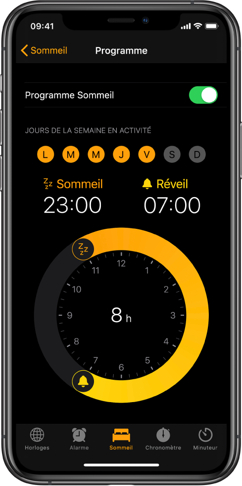 Le bouton Sommeil est sélectionné dans l’app Horloge ; l’heure du coucher est programmée à 23 h et l’heure du réveil est réglée sur 7 h.