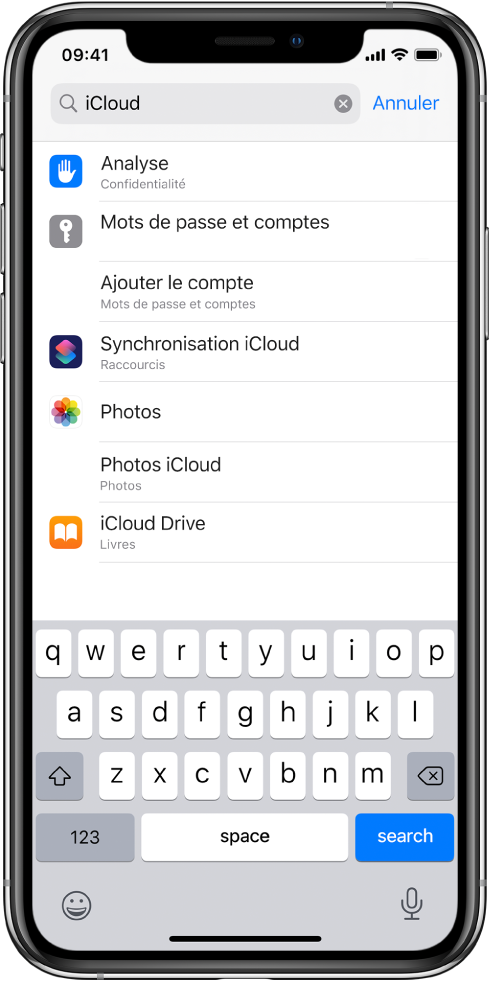 L’écran des réglages de recherche, avec le champ de recherche en haut. Le terme de recherche « iCloud » apparaît dans le champ de recherche, et les réglages trouvés s’affichent dans la liste située dessous.