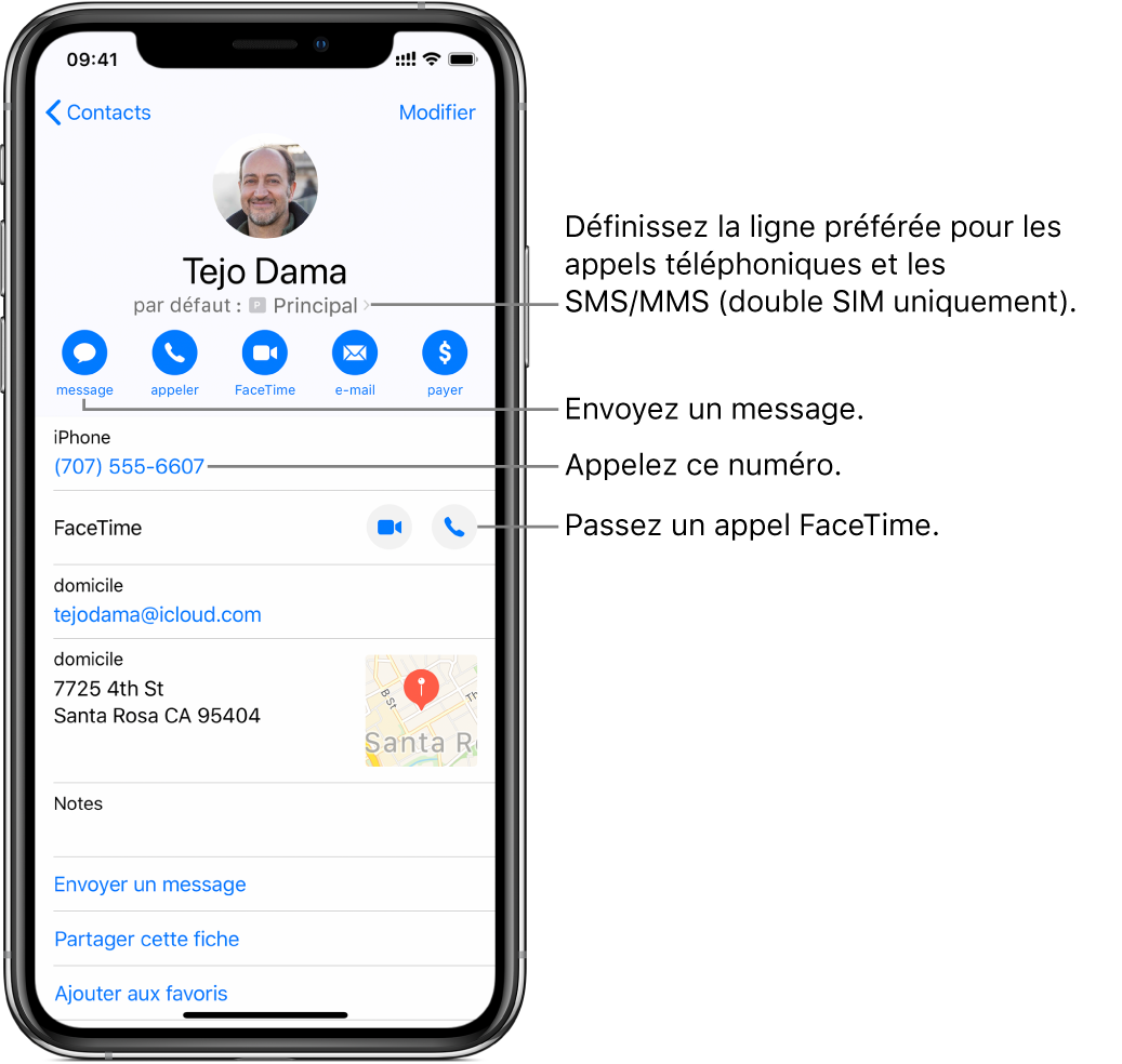 L’écran Infos pour un contact. Le nom et la photo du contact se trouvent en haut. En dessous se trouvent les boutons pour envoyer un message, passer un appel, passer un appel FaceTime, envoyer un message par e-mail et envoyer de l’argent via Apple Pay. Sous les boutons se trouvent les coordonnées du contact.