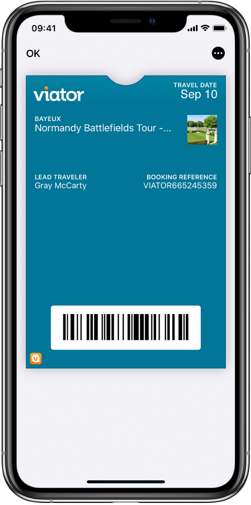Une carte d’embarquement dans Wallet affichant les informations sur un vol et le code QR en bas.