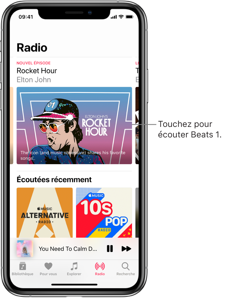 L’écran Radio présentant Beats 1 en haut. Les entrées écoutées récemment apparaissent dessous.
