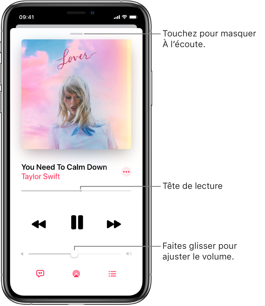 L’écran À l’écoute avec l’illustration de l’album. En dessous se trouvent le titre du morceau, le nom de l’artiste, le bouton Plus, la tête de lecture, les commandes de lecture, le curseur de volume, le bouton Paroles, le bouton « Destination pour la lecture » et le bouton « File d’attente ». Le bouton pour masquer À l’écoute se trouve en haut.