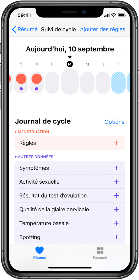 L’écran « Suivi de cycle » dans l’app Santé.