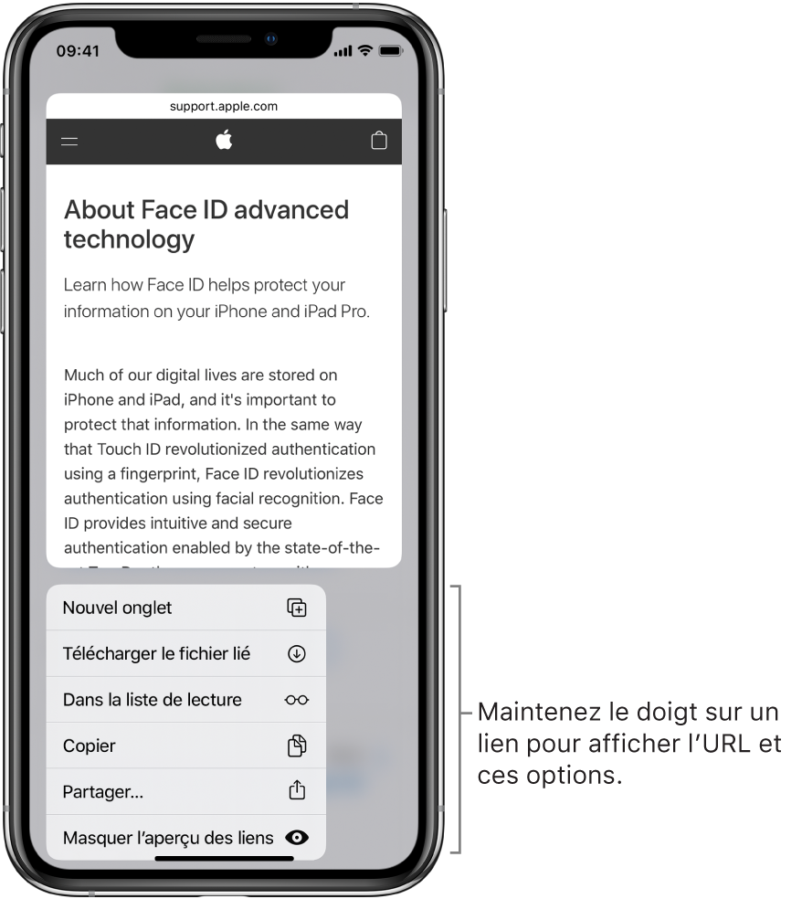 Une superposition affichant un aperçu de l’URL de destination suivi d’une liste d’actions possibles : Ouvrir, « Ajouter à la liste de lecture », « Ajouter à Photos », Copier et Partager.
