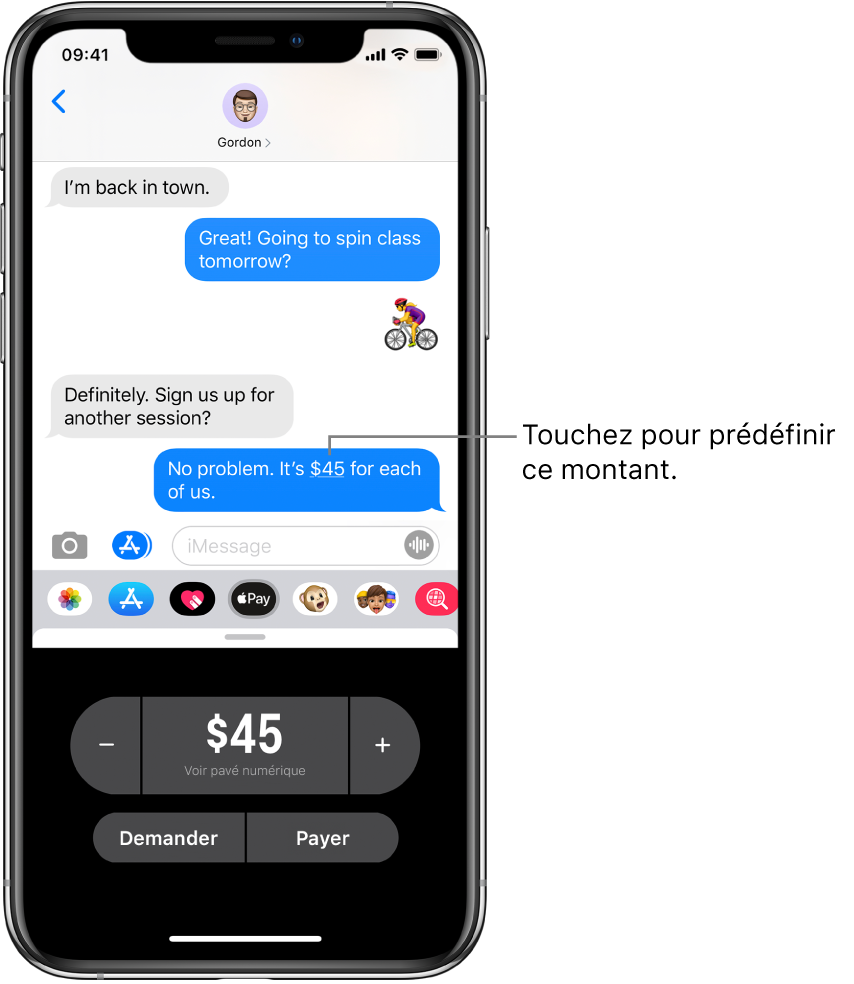 Une conversation iMessage avec l’app Apple Pay ouverte en bas.