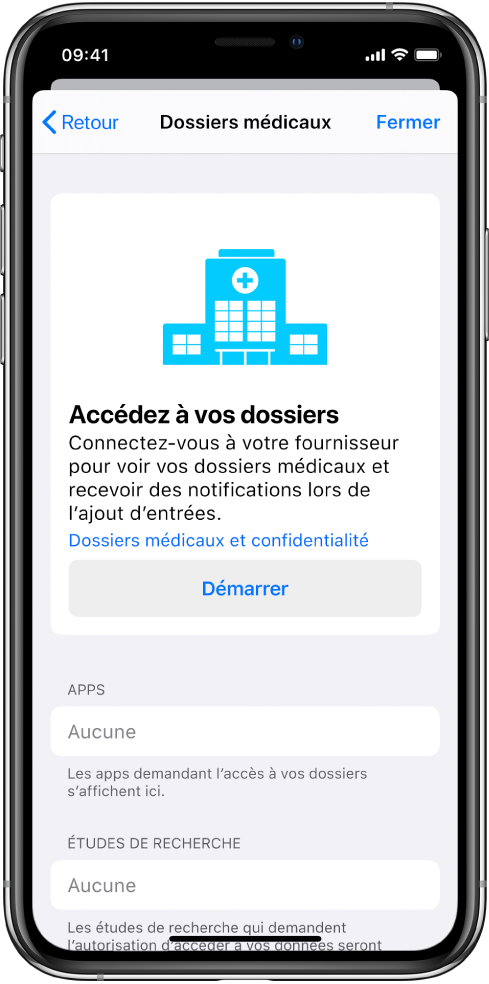 Écran Dossiers médicaux avec un bouton Démarrer.