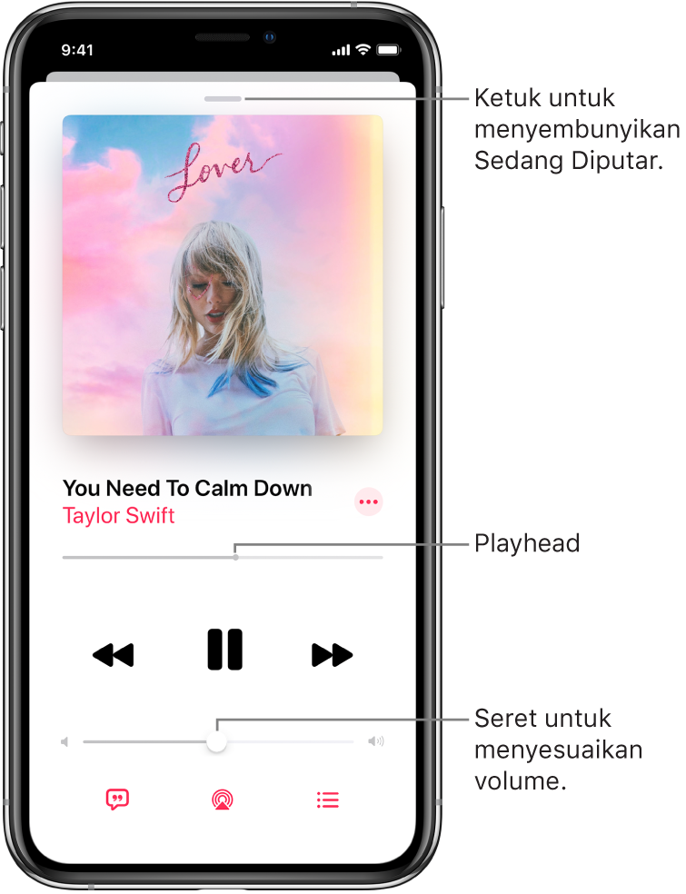 Layar Sedang Diputar menampilkan gambar album. Di bagian bawah terdapat judul lagu, nama artis, tombol Lainnya, pemutaran, kontrol pemutaran, penggeser Volume, tombol Lirik, tombol Tujuan Pemutaran, dan tombol Berikutnya. Tombol Sembunyikan Sedang Diputar berada di bagian atas.