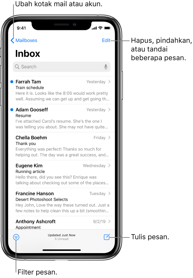 Inbox, menampilkan daftar email. Tombol Kotak Mail untuk beralih ke kotak mail lain berada di pojok kiri atas. Tombol Edit untuk menghapus, memindahkan, atau menandai email berada di pojok kanan atas. Tombol untuk memfilter email sehingga hanya email jenis tertentu yang dimunculkan berada di pojok kiri bawah. Tombol untuk menulis email baru berada di pojok kanan bawah