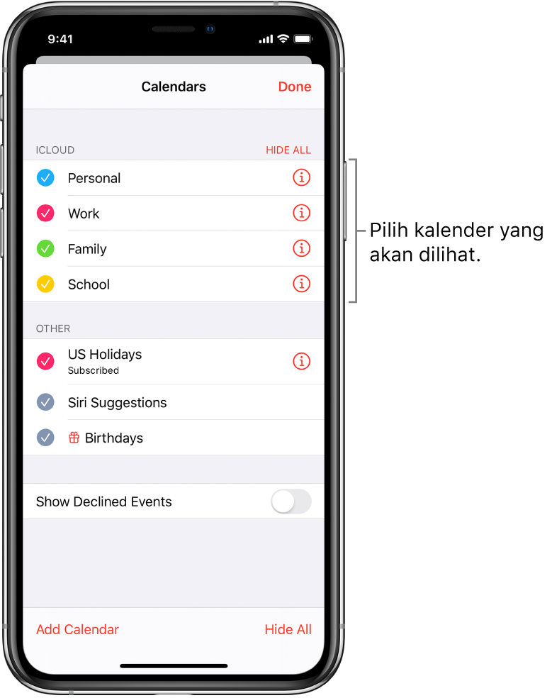 Daftar kalender dengan tanda centang yang menunjukkan kalender mana yang aktif. Tombol Selesai untuk menutup daftar berada di pojok kanan atas.