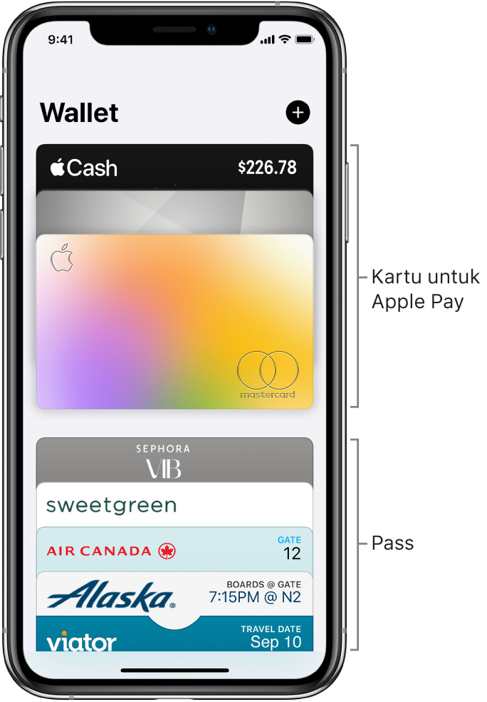 Layar Wallet, menampilkan beberapa kartu kredit dan debit, serta pass.
