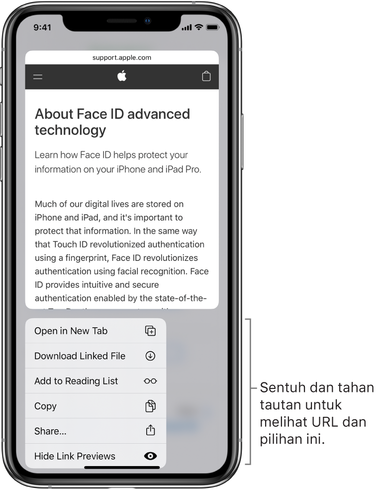Lapisan atas menampilkan pratinjau URL tujuan yang diikuti oleh daftar kemungkinan tindakan: Buka, Tambah ke Daftar Bacaan, Tambahkan ke Foto, Salin, dan Bagikan.