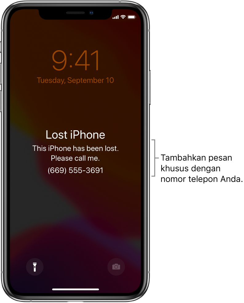 Layar Terkunci iPhone dengan pesan: “iPhone Hilang. iPhone ini telah hilang. Hubungi saya. (669) 555-3691.” Anda dapat menambahkan pesan khusus dengan nomor telepon Anda.
