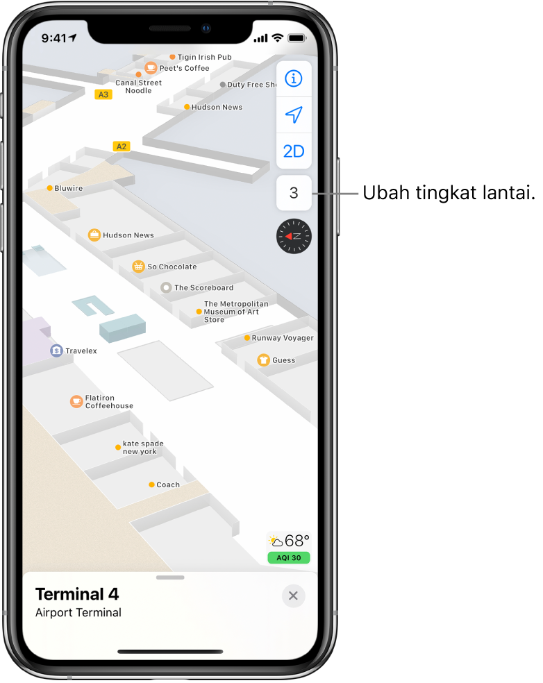 Peta dalam ruangan dari terminal bandara. Peta menampilkan bisnis dan gerbang keberangkatan.
