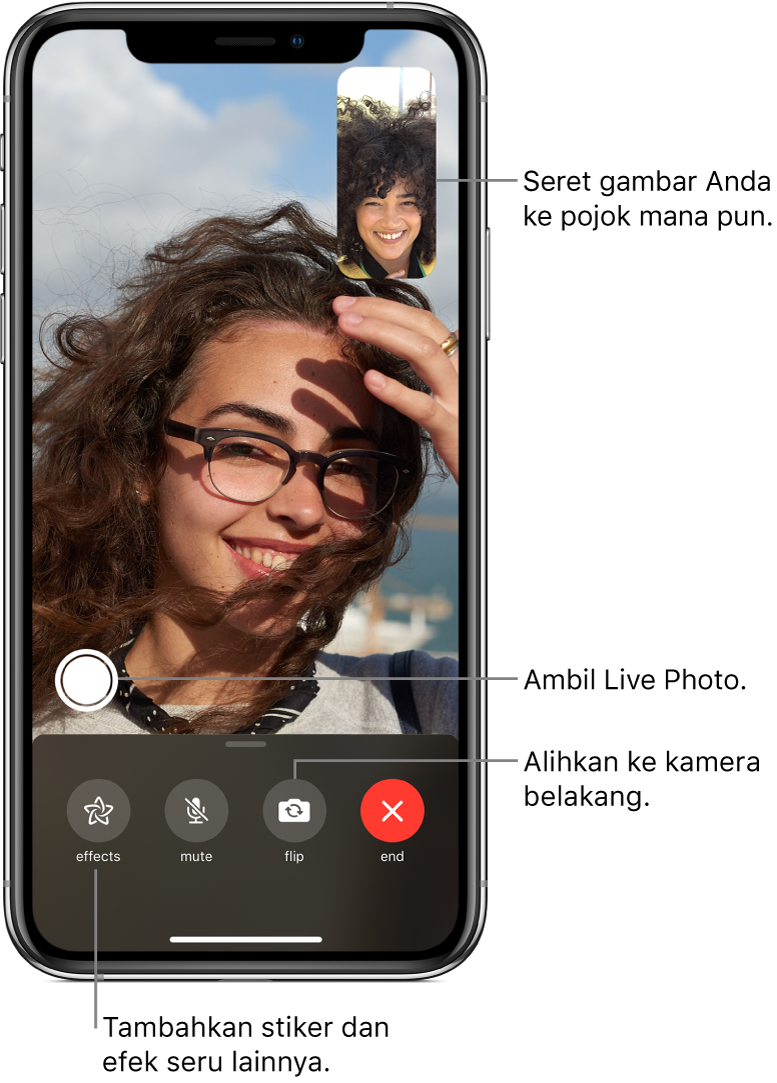 Layar FaceTime menampilkan panggilan yang sedang berlangsung. Gambar Anda muncul di persegi kecil di kanan atas, dan gambar orang lain akan mengisi sisa layar. Di sepanjang bagian bawah layar terdapat tombol Efek, Bisukan, Putar, dan Akhiri. Tombol untuk mengambil Live Photo terdapat di atasnya.