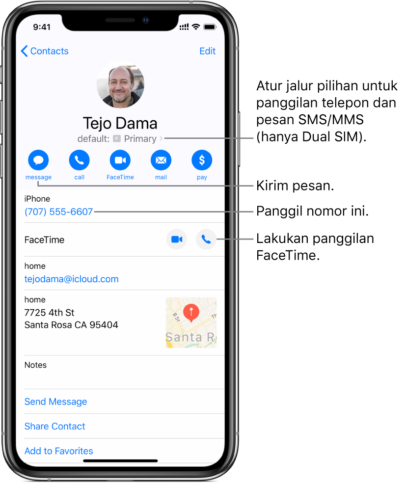 Layar info untuk kontak. Di bagian atas adalah nama dan foto kontak. Di bawahnya adalah tombol-tombol untuk mengirimkan pesan, melakukan panggilan telepon, melakukan panggilan FaceTime, mengirimkan pesan email, dan mengirim uang dengan Apple Pay. Di bawah tombol terdapat informasi kontak.