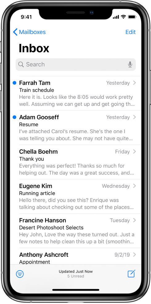 Pratinjau email di Inbox menampilkan nama pengirim, waktu pengiriman email, baris subjek, dan dua baris pertama dari email.