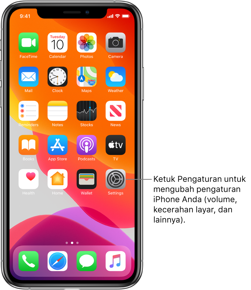 Layar Utama dengan beberapa ikon, meliputi ikon Pengaturan, yang dapat Anda ketuk untuk mengubah volume bunyi, kecerahan layar iPhone Anda, dan lainnya.