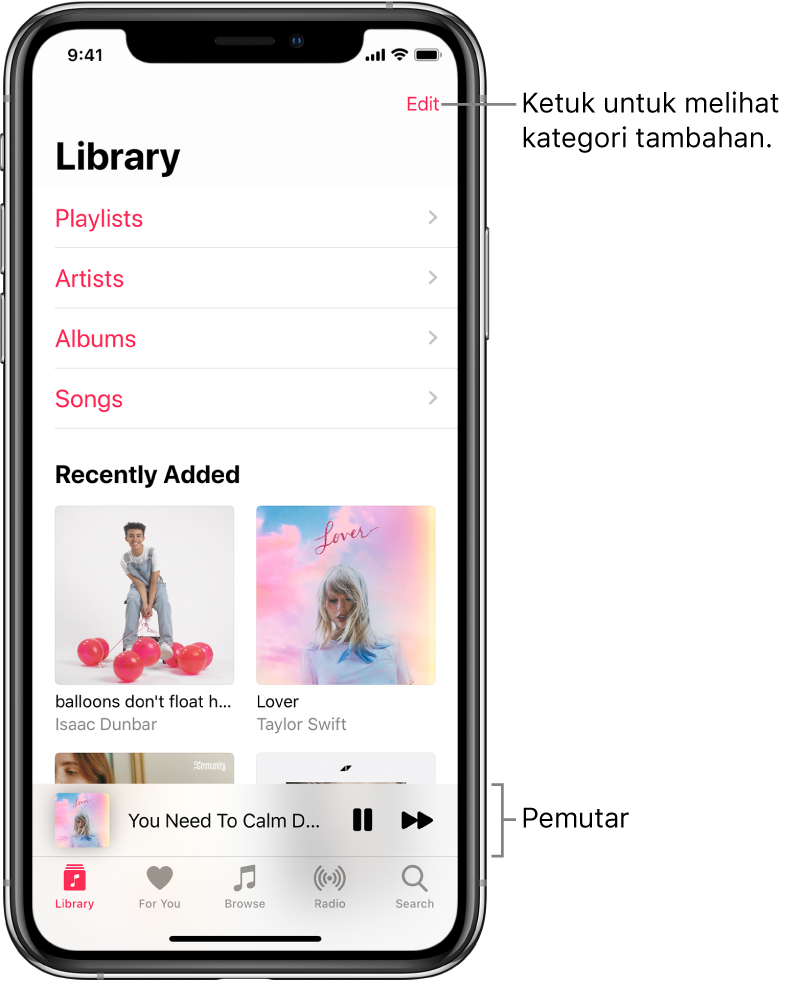 Layar Perpustakaan menampilkan daftar kategori termasuk Daftar Putar, Artis, Album, dan Lagu. Judul Baru Ditambahkan muncul di bawah daftar. Pemutar menampilkan judul lagu saat ini serta tombol Jeda dan Berikutnya muncul di dekat bagian bawah.