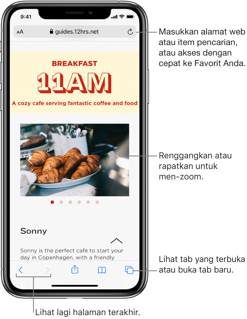 Situs web terbuka di jendela Safari, dengan bidang alamat di bagian atas. Di bagian bawah, dari kiri ke kanan, terdapat tombol Kembali, Teruskan, Bagikan, Penanda, dan Halaman.