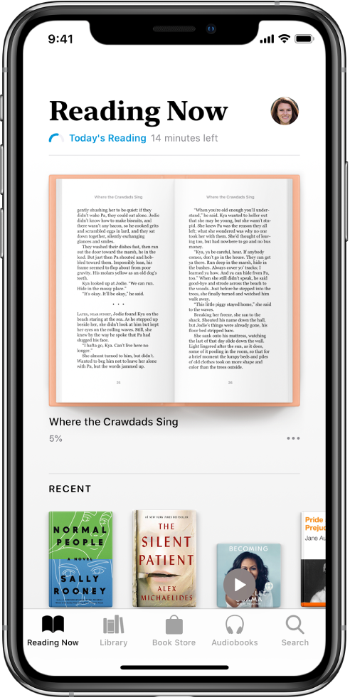 Layar Sedang Dibaca di app Buku. Di bagian bawah layar, dari kiri ke kanan, terdapat tab Sedang Dibaca, Perpustakaan, Toko Buku, Buku Audio, dan Cari.
