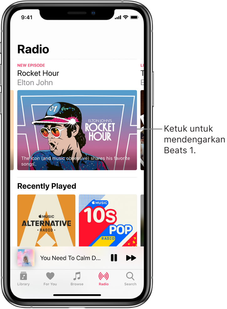 Layar Radio menampilkan Radio Beats 1 di bagian atas. Entri Baru Diputar muncul di bawah.