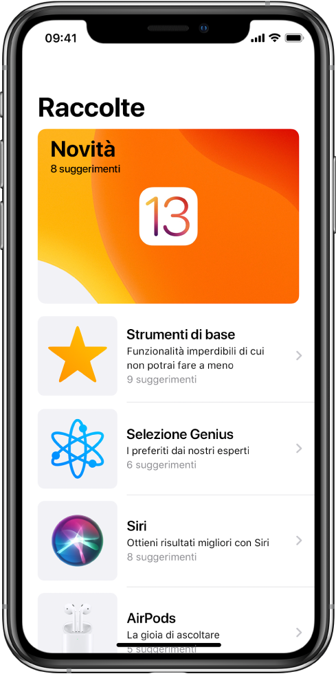 Una schermata che mostra raccolte di Suggerimenti con le frecce destre a indicare che puoi toccare una raccolta per visualizzare i suggerimenti al suo interno.