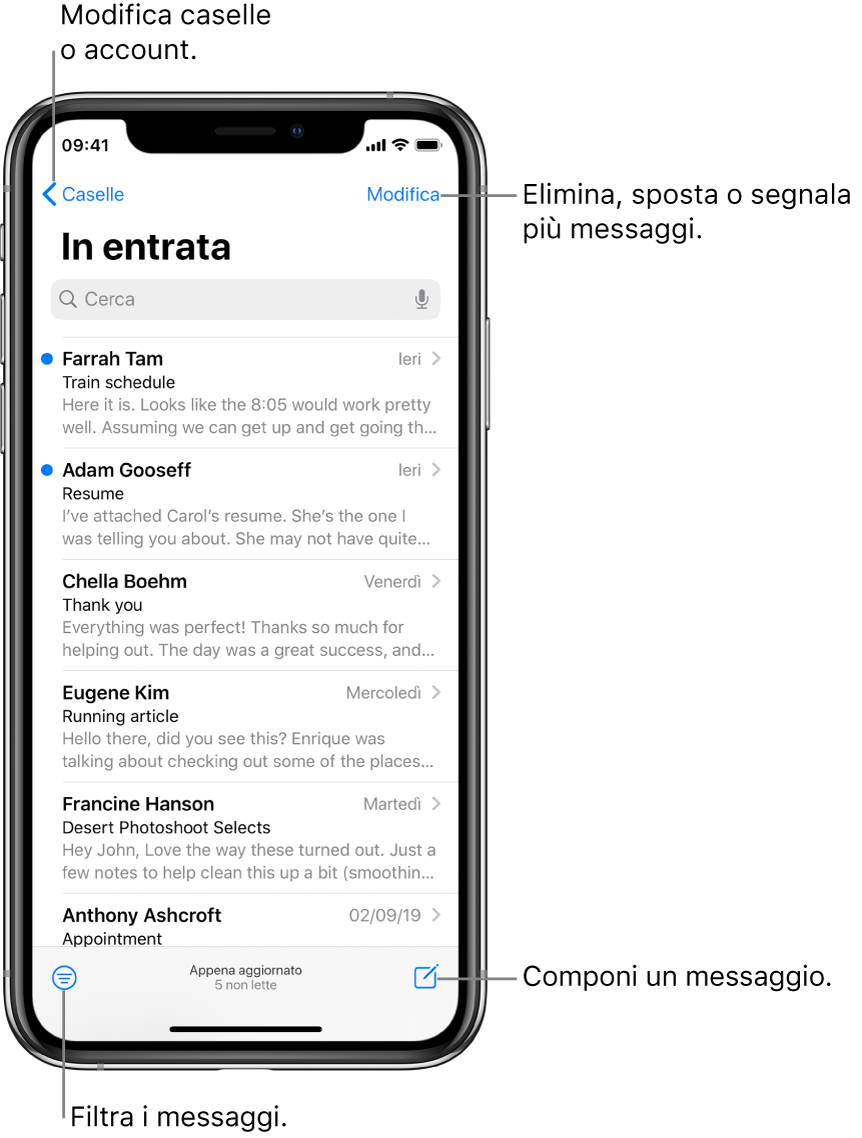 Un elenco di e-mail nella casella di posta in entrata. Il pulsante Caselle, nell’angolo in alto a sinistra, per passare a un’altra casella. Il pulsante Modifica nell’angolo in alto a destra, per eliminare, spostare o contrassegnare le e-mail. Nell’angolo in basso a sinistra, il pulsante per filtrare le e-mail, in modo che vengano mostrati soltanto determinati tipi di e-mail. Il pulsante per scrivere una nuova e-mail si trova nell’angolo in basso a destra.