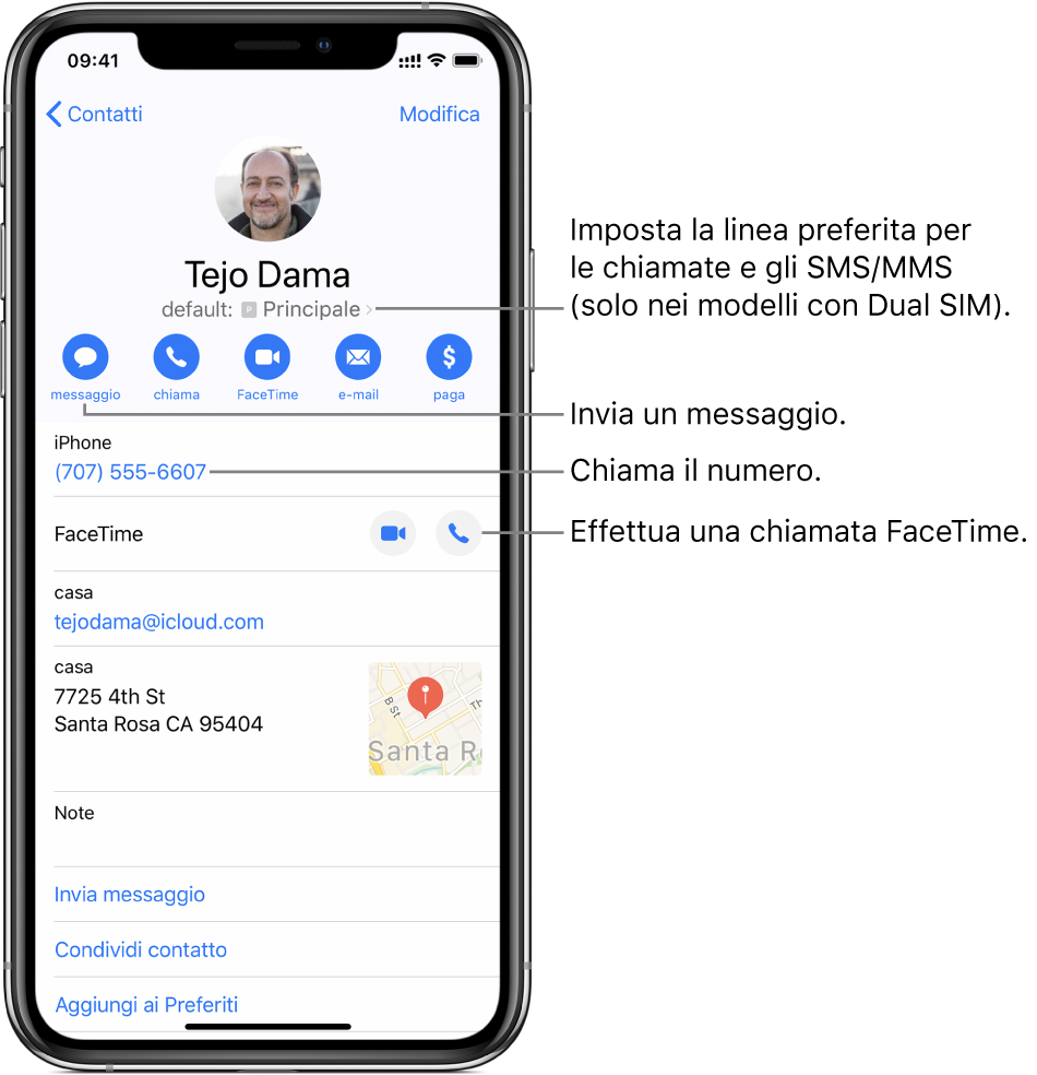 La schermata info di un contatto. In alto sono presenti la foto e il nome del contatto. Sotto il nome sono presenti i pulsanti per inviare un messaggio o un’e-mail, effettuare una chiamata telefonica o FaceTime, inviare una somma di denaro con Apple Pay. Sotto i pulsanti sono presenti le informazioni di contatto.