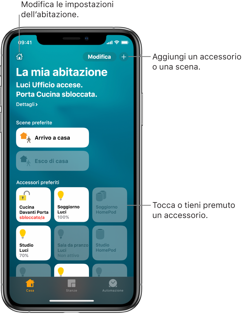 Il pannello Casa, che mostra gli scenari e gli accessori selezionati come preferiti. Viene anche visualizzato un riassunto con lo stato dell'abitazione. Gli altri pannelli visualizzati in basso sono Stanze e Automazione.