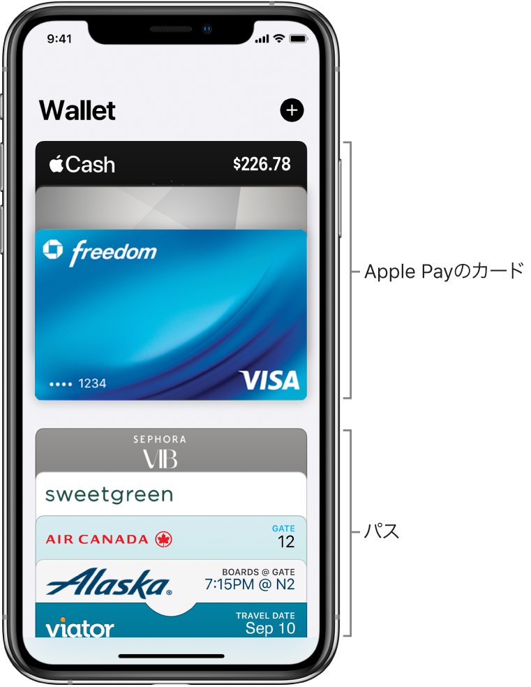 Wallet画面。複数枚のクレジットカード、デビットカード、およびパスが表示されています。