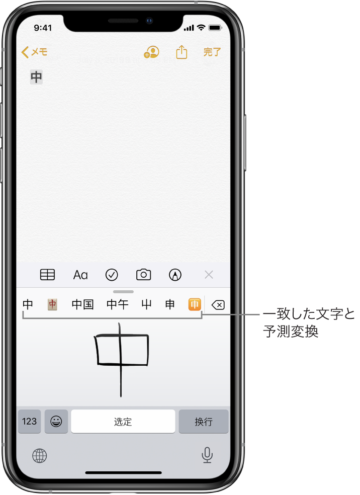 「メモ」App。画面の下半分にタッチパッドが開いています。タッチパッドには手書きの漢字があります。候補の文字がすぐ上に表示され、選択した文字がメモの上部に表示されています。