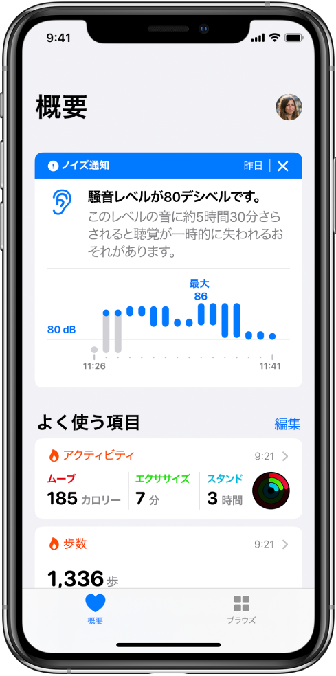 概要画面。上部にはノイズ通知があり、その下にはよく使う項目として「アクティビティ」と「歩数」という2種類の概要があります。