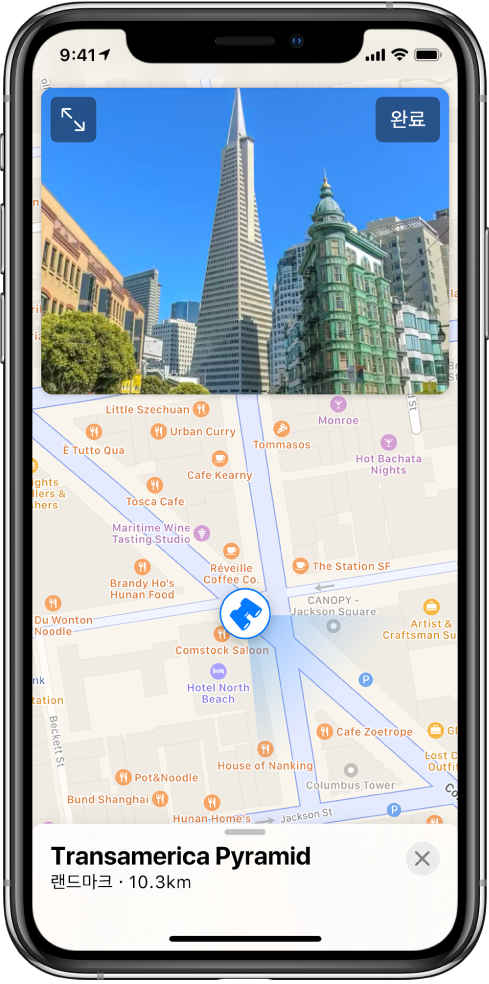 트랜스아메리카 피라미드 빌딩으로 이어지는 거리를 보여주는 지도 앱의 주변보기.