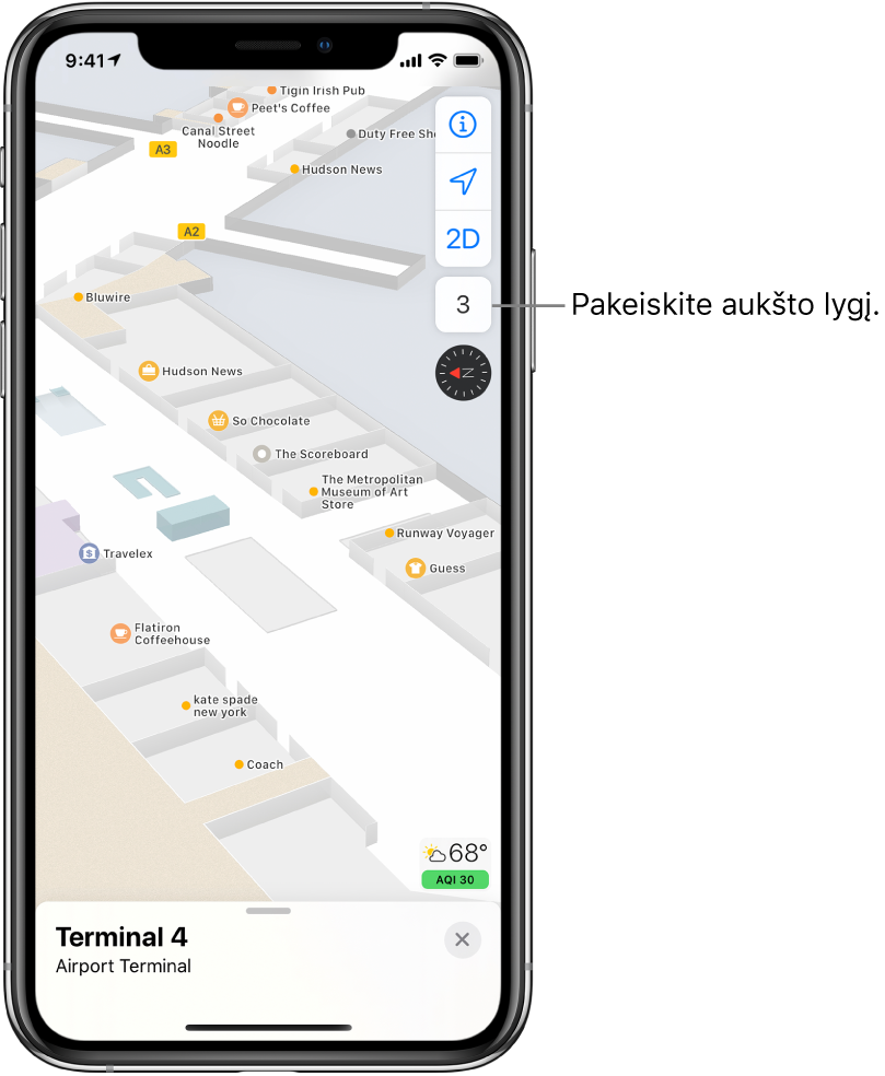 Oro uosto terminalo patalpų žemėlapis. Žemėlapis, kuriame rodomos verslo įmonės ir įlaipinimo vartai.