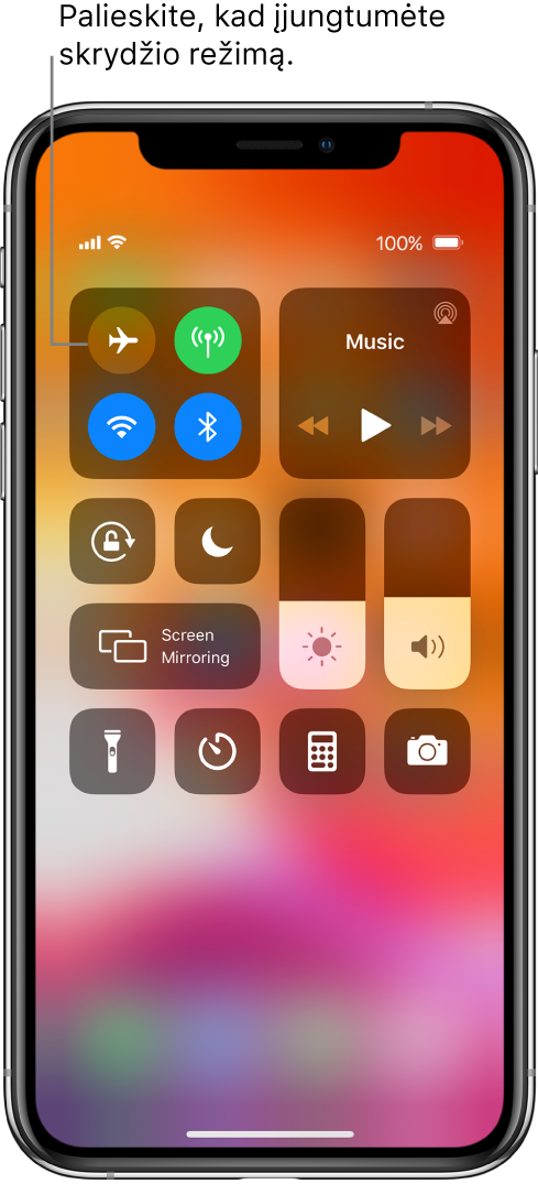 „Control Center“ ekrano dalis su paaiškinimu, kad palietus viršutinį kairįjį mygtuką įjungiamas lėktuvo režimas.