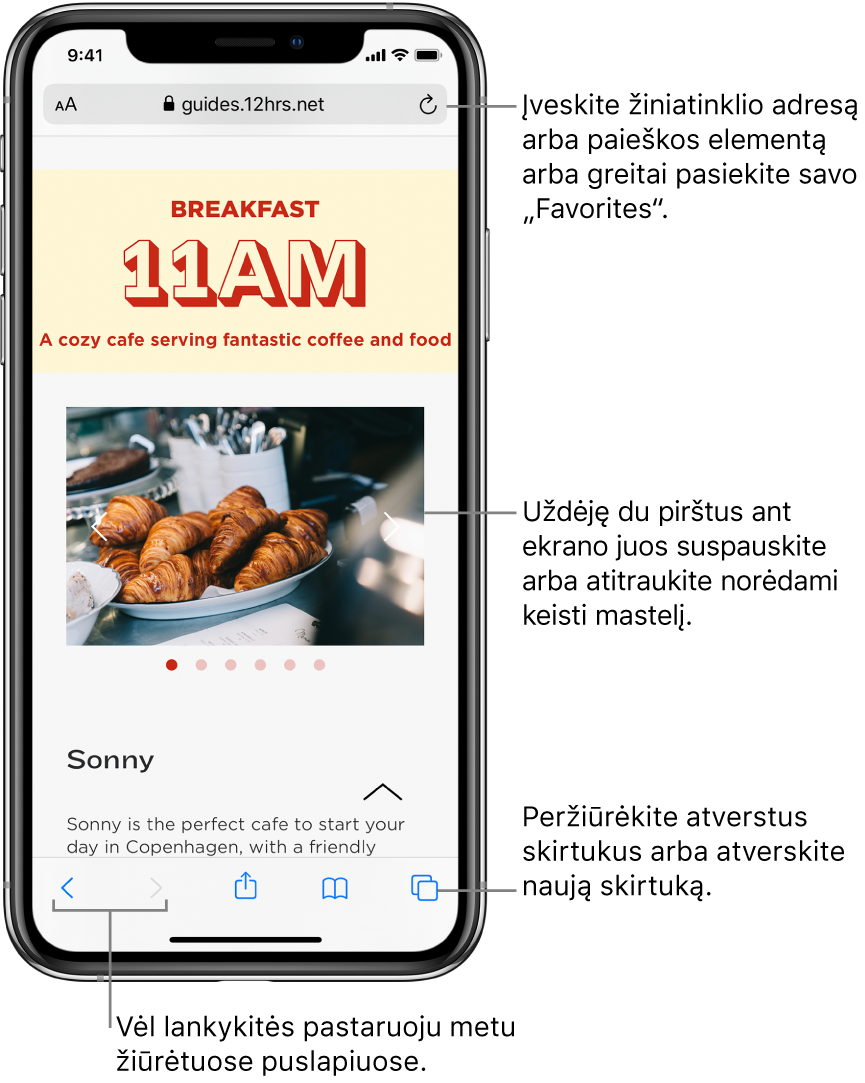 „Safari“ lange atidarytas tinklalapis su adreso laukeliu viršuje. Apačioje iš kairės į dešinę yra mygtukai „Back“, „Forward“, „Share“, „Bookmarks“ ir „Pages“.
