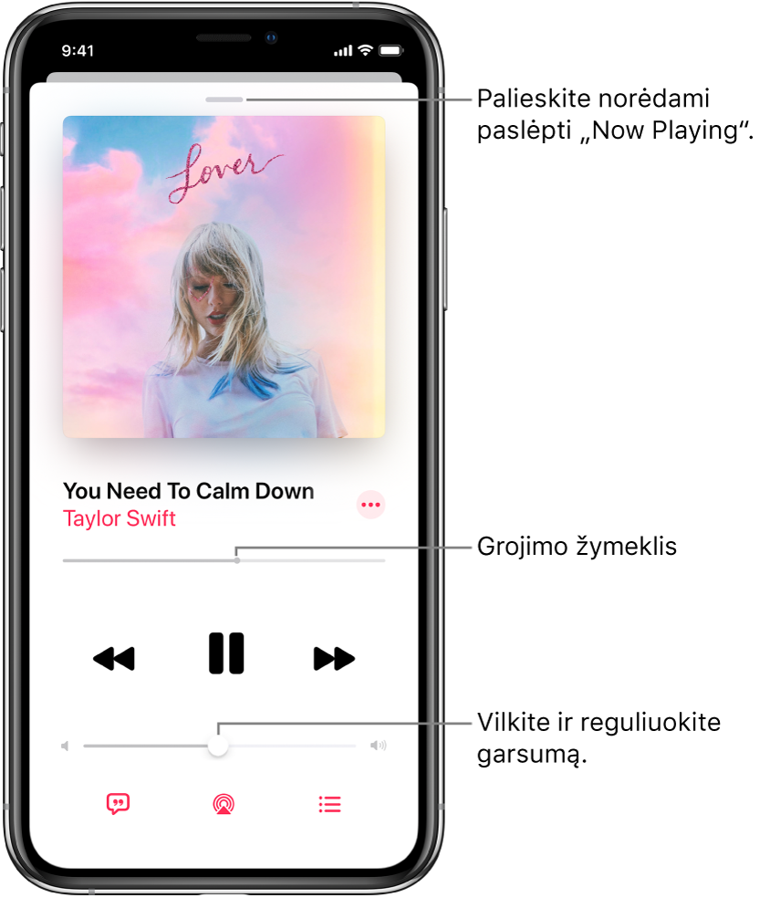 Ekranas „Now Playing“, kuriame rodomas albumo viršelis. Žemiau rodomas dainos pavadinimas, atlikėjo vardas, papildomų parinkčių mygtukas, leidžiamo įrašo vietos žymiklis, atkūrimo valdikliai, garsumo slankiklis, dainos žodžių mygtukas, atkūrimo paskirties vietos mygtukas ir būsimų eilės mygtukas. Mygtukas „Hide Now Playing“ yra viršuje.