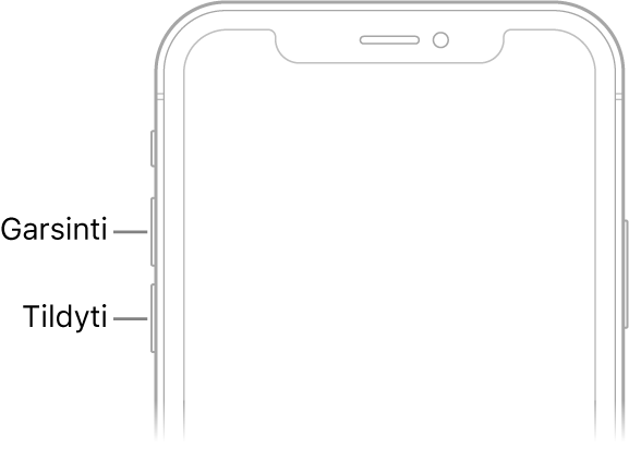 Viršutinė priekinė „iPhone“ dalis su garsinimo bei tylinimo mygtukais viršuje kairėje.