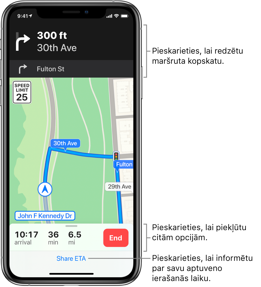 Karte, kurā parādīts braukšanas maršruts, tostarp norādes pagriezties pa labi pēc 100 metriem. Kartes apakšdaļā pa kreisi no pogas End ir norādīts ierašanās laiks, laiks ceļā un kopējais attālums. Ekrāna apakšdaļā ir redzams elements Share ETA.