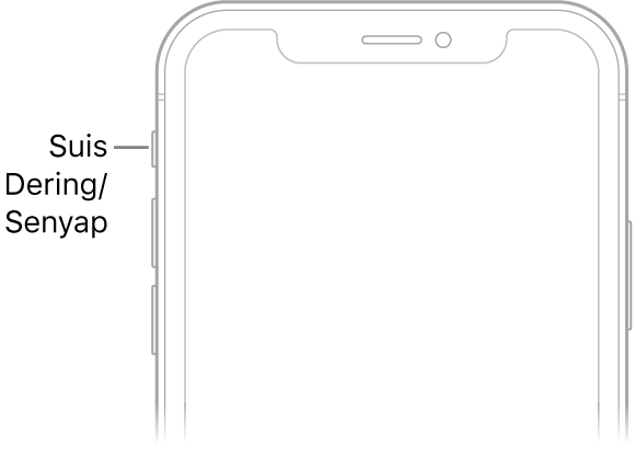 Bahagian atas hadapan iPhone dengan petak bual menuding ke arah suis Dering/Senyap.