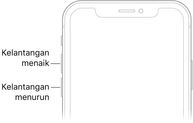 Bahagian atas depan iPhone dengan butang tingkatkan dan turunkan kelantangan di bahagian kiri atas.
